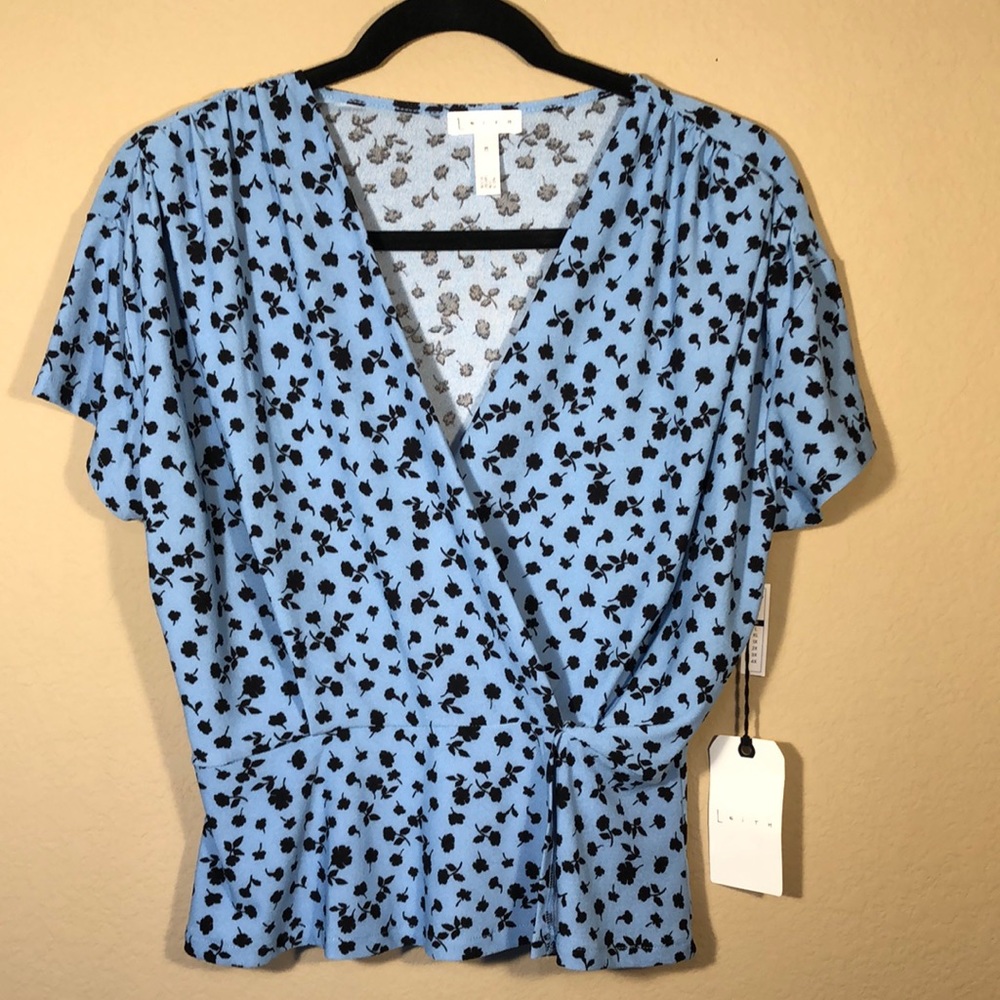 Leith Blue Floral VNeck Mock Wrap Short Sleeve Top